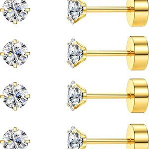 Six-Pairs Gold 20G Stainless Steel Cartilage Earrings Set with CZ for Women Men